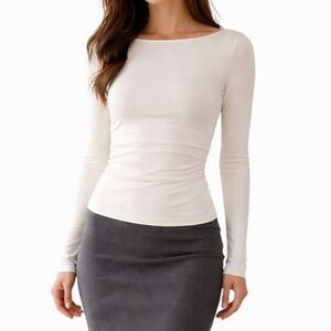 NWT OGL ProWarm Modern Side Ruched Boatneck Brami Top S White Cream Cozy Soft